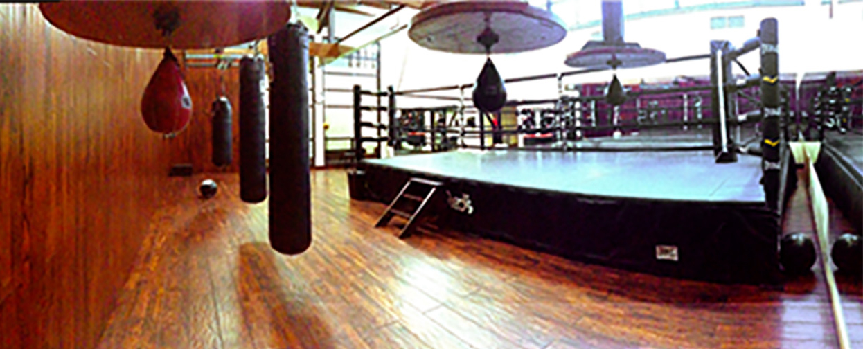 Boxing ring in well equipped gym at Red's in Lafayette, LA.