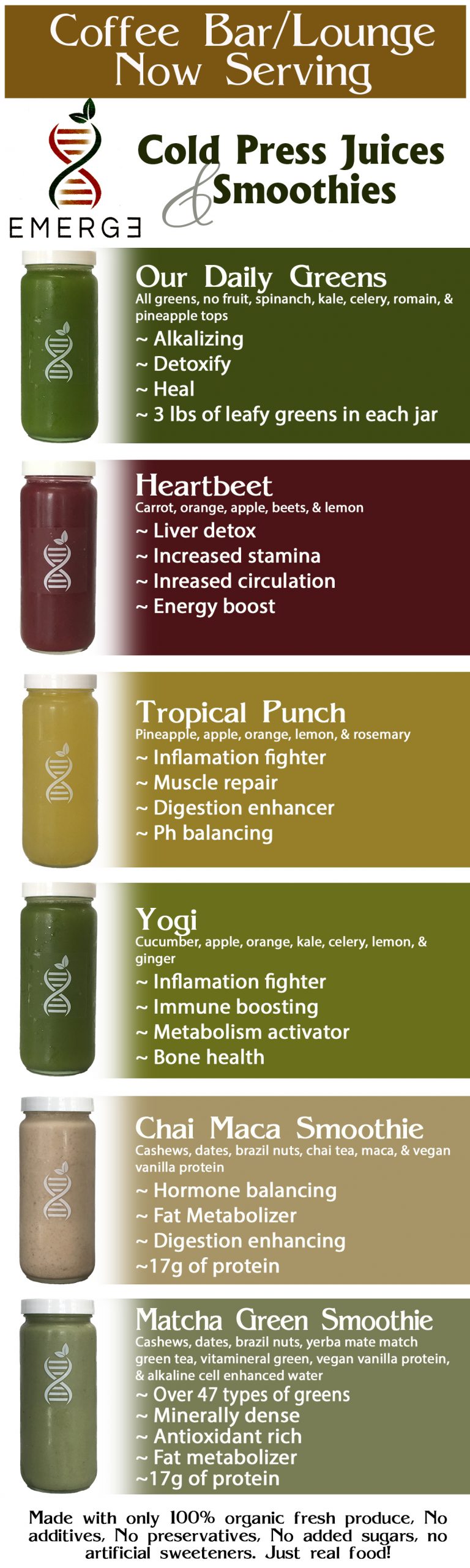 Red's Coffee Bar/Lounge now serving Emerge Cold Press Juices and Smoothies.